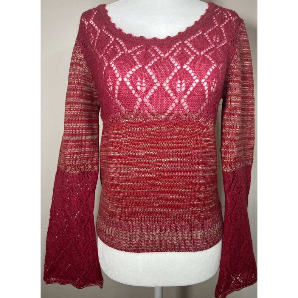 SISLEY Red Scoop Neck Sz Small Crochet Long Sleeve Women's Sweater